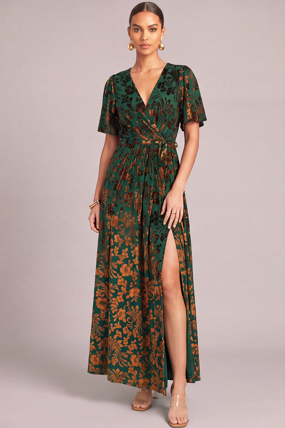 Dark Green A-Line V-Neck Floral Long Formal Dress with Slit