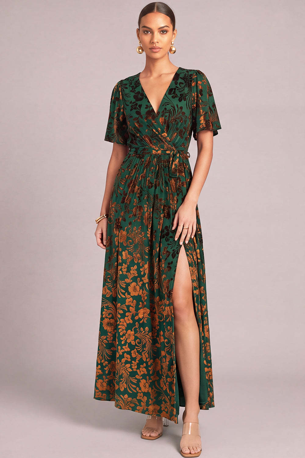 Leely Women Dark Green Floral Long Formal Dress with Slit A-Line V-Neck Velvet Holiday Dress with Sleeves