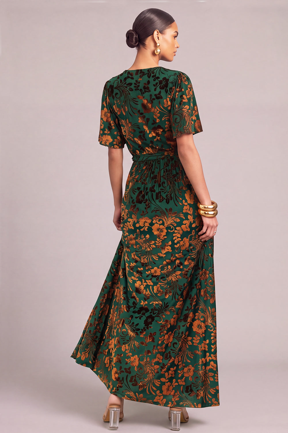 Dark Green A-Line V-Neck Floral Long Formal Dress with Slit