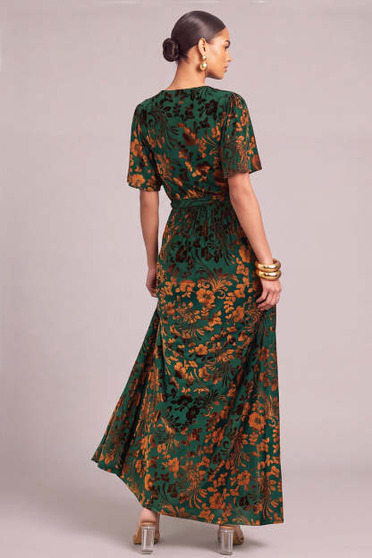 Dark Green A-Line V-Neck Floral Long Formal Dress with Slit