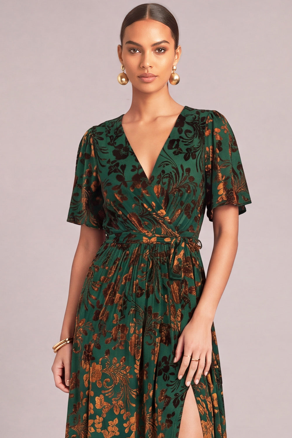 Dark Green A-Line V-Neck Floral Long Formal Dress with Slit