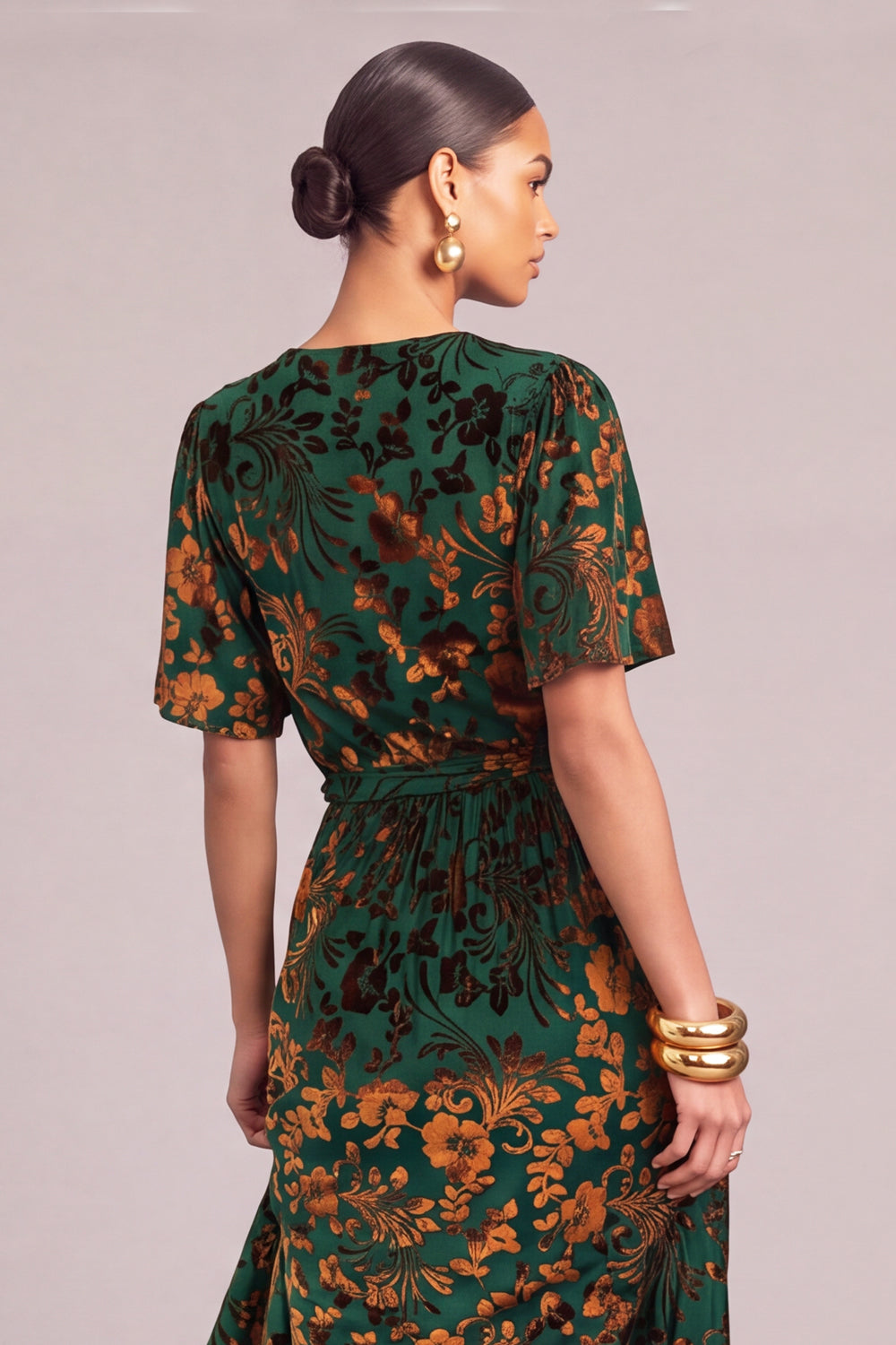 Dark Green A-Line V-Neck Floral Long Formal Dress with Slit