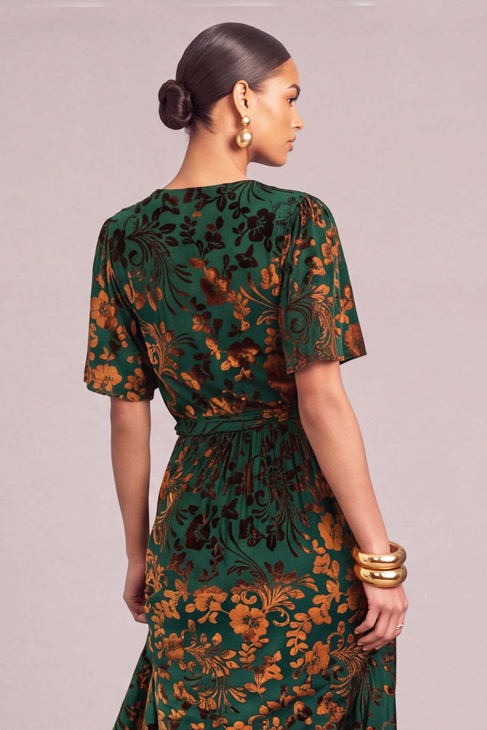 Dark Green A-Line V-Neck Floral Long Formal Dress with Slit