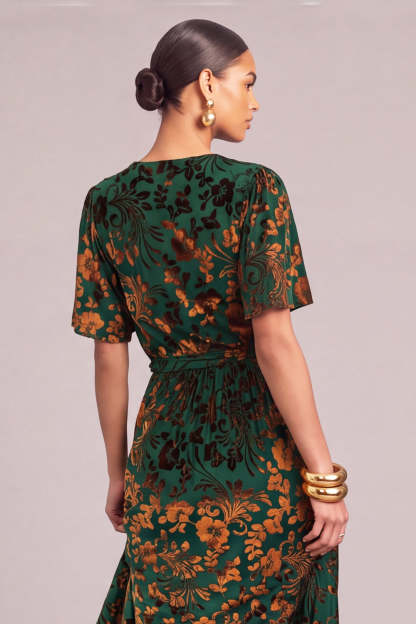 Dark Green A-Line V-Neck Floral Long Formal Dress with Slit