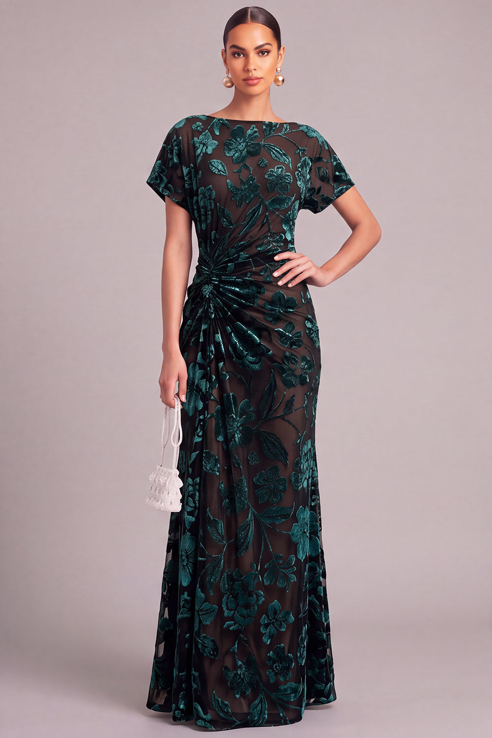 Leely Women Floral Dark Green Long Formal Dress Mermaid Boat Neck Ruched Holiday Dress with Sleeves