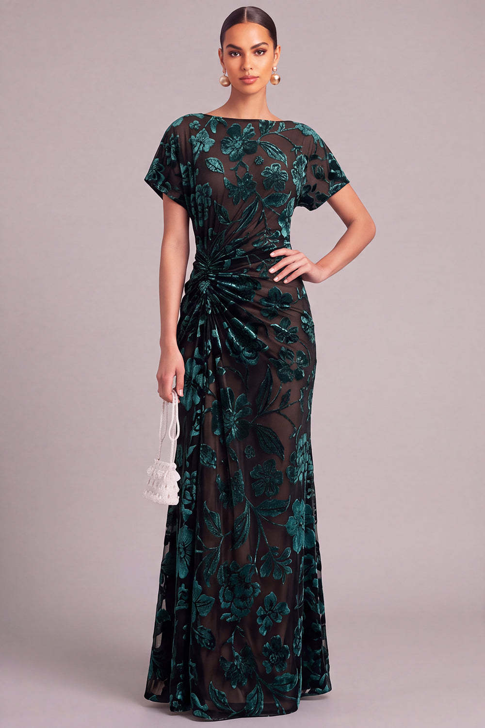 Leely Women Floral Dark Green Long Formal Dress Mermaid Boat Neck Ruched Holiday Dress with Sleeves