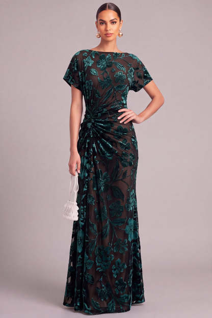 Leely Women Floral Dark Green Long Formal Dress Mermaid Boat Neck Ruched Holiday Dress with Sleeves