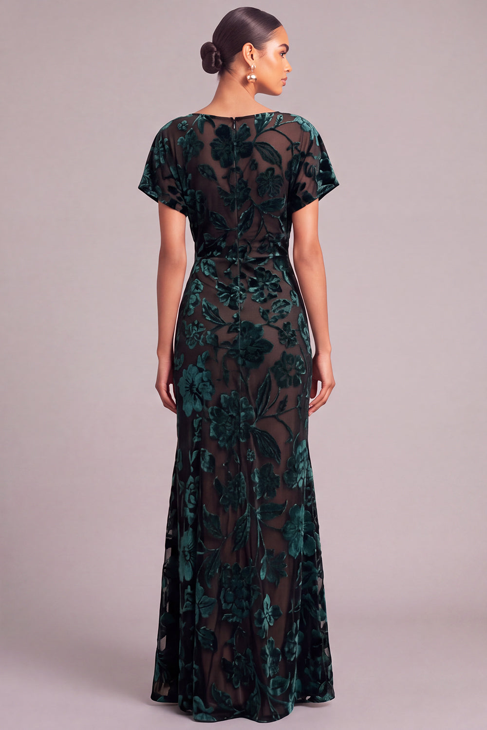 Dark Green Floral Mermaid Boat Neck Ruched Long Formal Dress