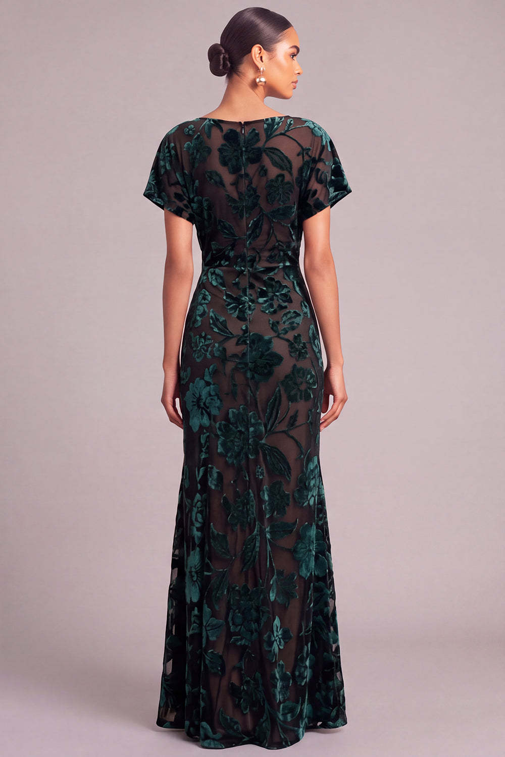 Dark Green Floral Mermaid Boat Neck Ruched Long Formal Dress