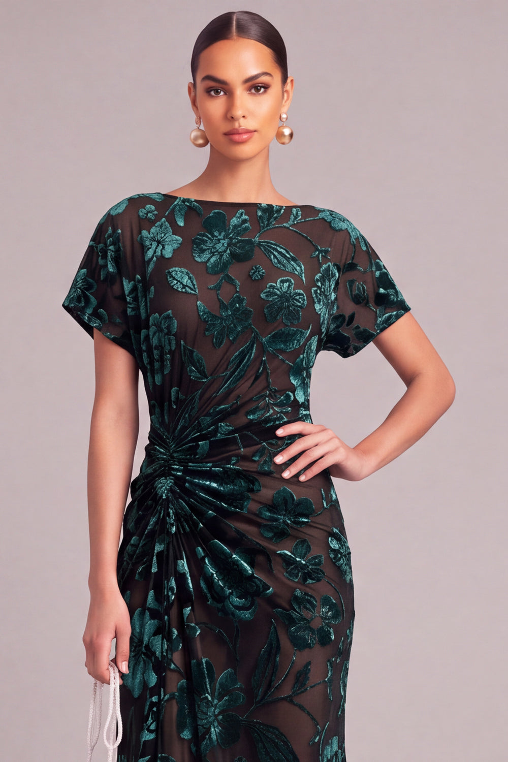 Dark Green Floral Mermaid Boat Neck Ruched Long Formal Dress