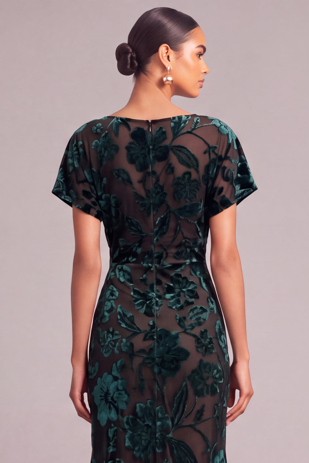 Dark Green Floral Mermaid Boat Neck Ruched Long Formal Dress