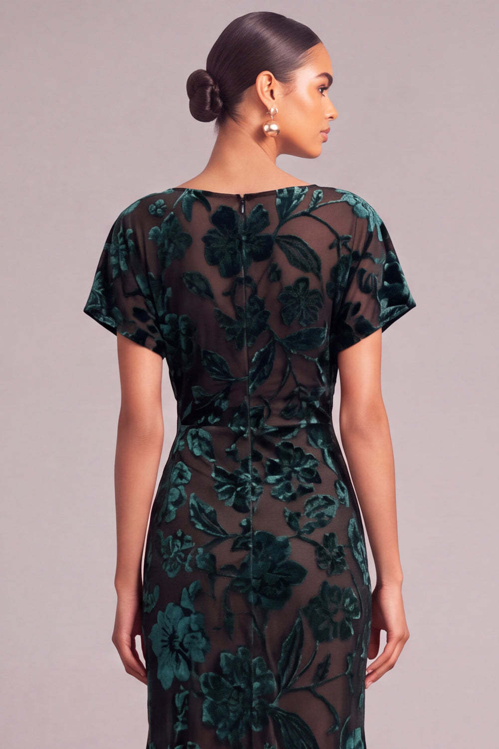 Dark Green Floral Mermaid Boat Neck Ruched Long Formal Dress