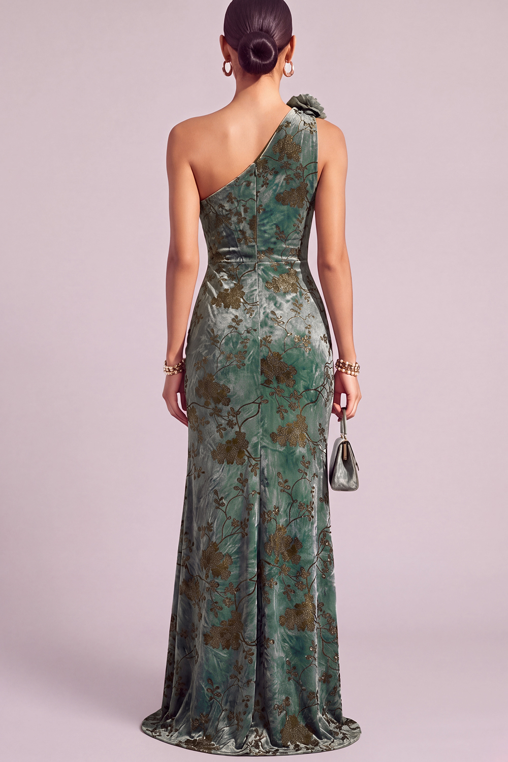 Dark Green Mermaid Floral One Shoulder Ruched Long Formal Dress with Slit
