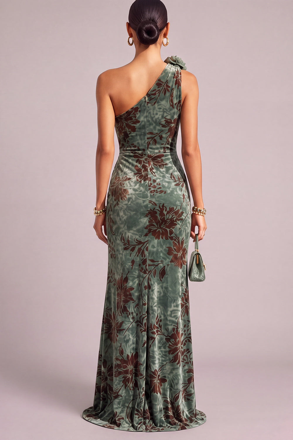 Dark Green Mermaid Floral One Shoulder Ruched Long Formal Dress with Slit