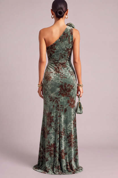 Dark Green Mermaid Floral One Shoulder Ruched Long Formal Dress with Slit
