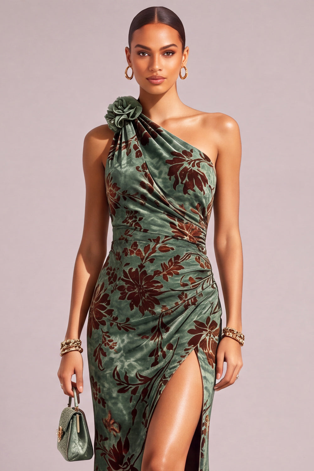 Dark Green Mermaid Floral One Shoulder Ruched Long Formal Dress with Slit