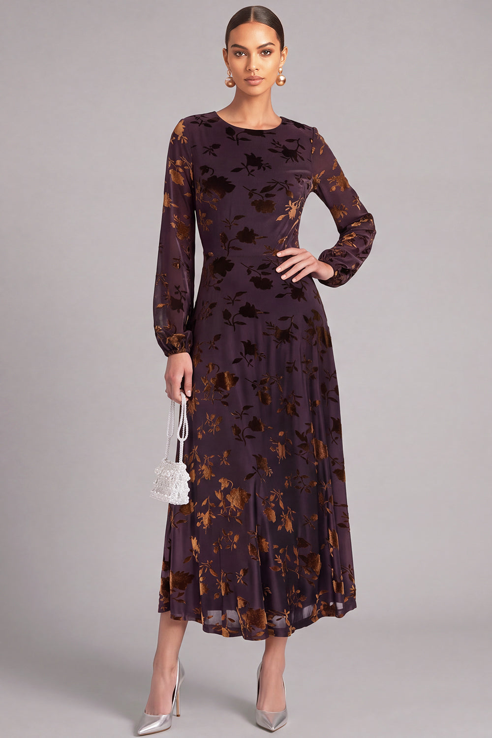 Brown A-Line Round Neck Floral Long Formal Dress with Sleeves