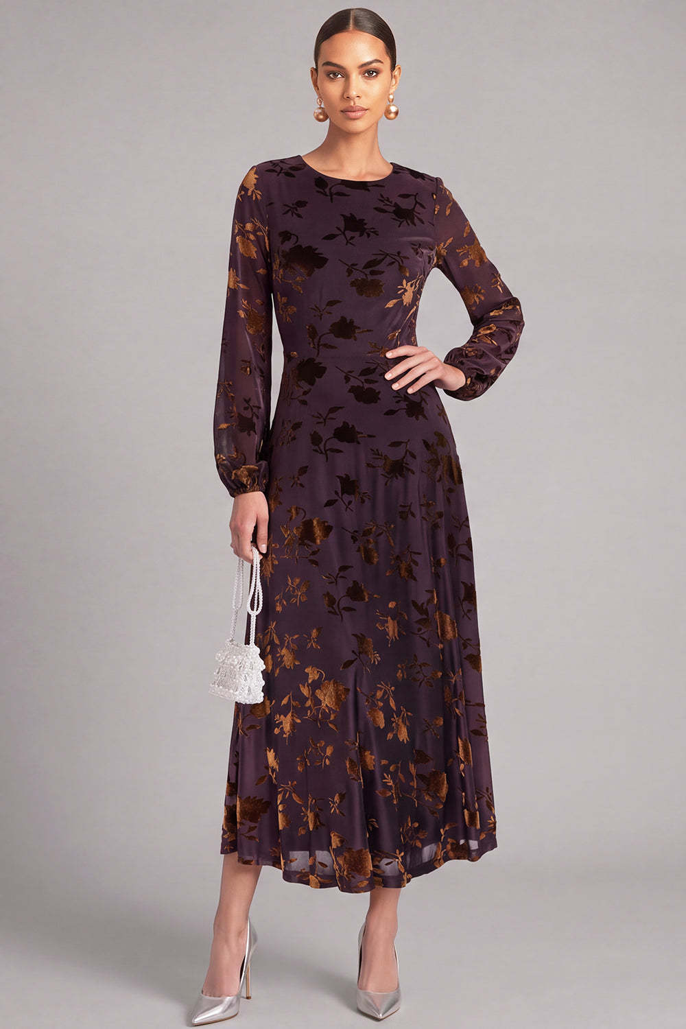 Leely Women Brown Long Floral Formal Dress A-Line Round Neck Velvet Holiday Dress with Sleeves