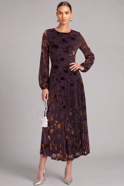 Leely Women Brown Long Floral Formal Dress A-Line Round Neck Velvet Holiday Dress with Sleeves