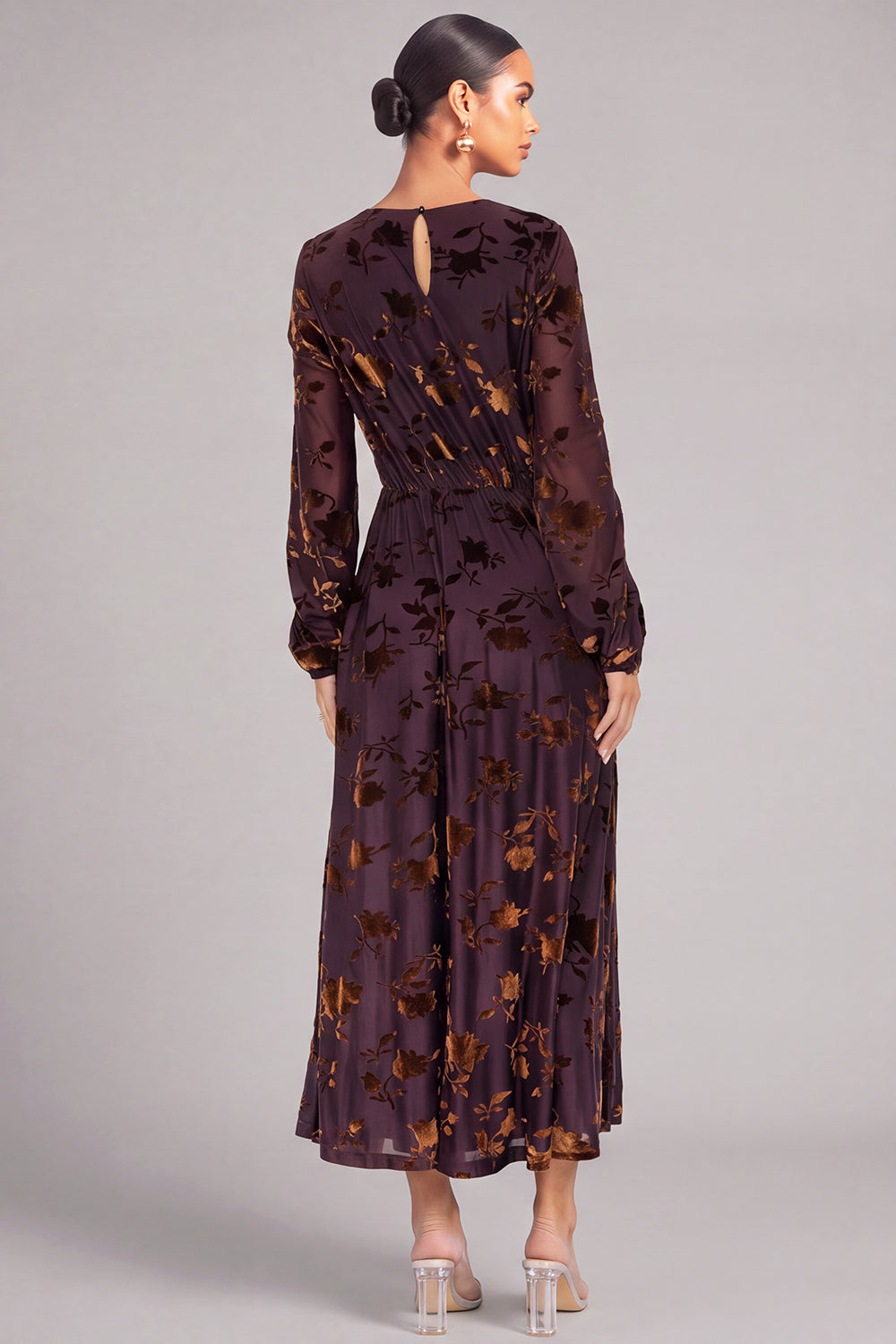 Brown A-Line Round Neck Floral Long Formal Dress with Sleeves