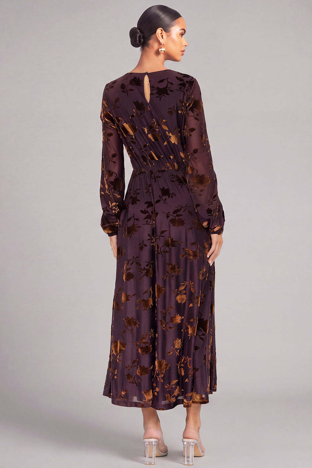 Brown A-Line Round Neck Floral Long Formal Dress with Sleeves