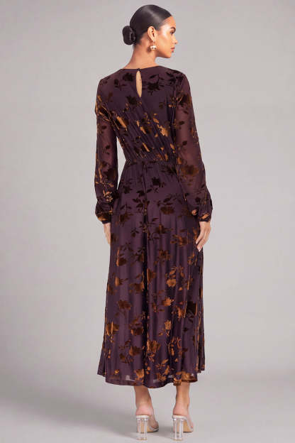 Brown A-Line Round Neck Floral Long Formal Dress with Sleeves