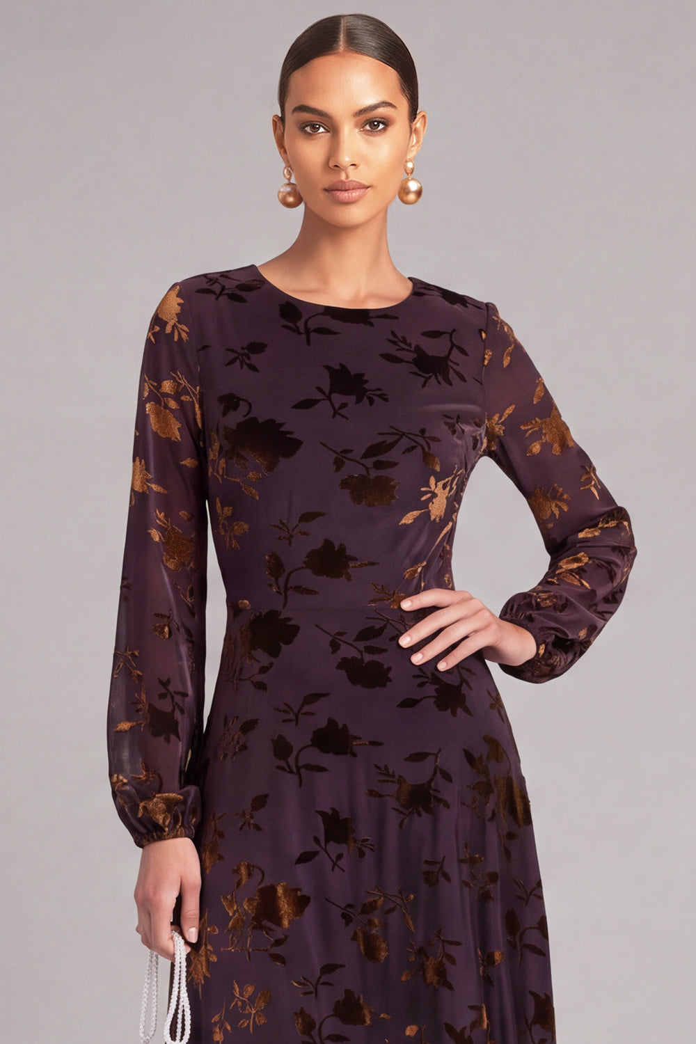Brown A-Line Round Neck Floral Long Formal Dress with Sleeves