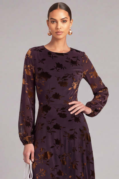 Brown A-Line Round Neck Floral Long Formal Dress with Sleeves