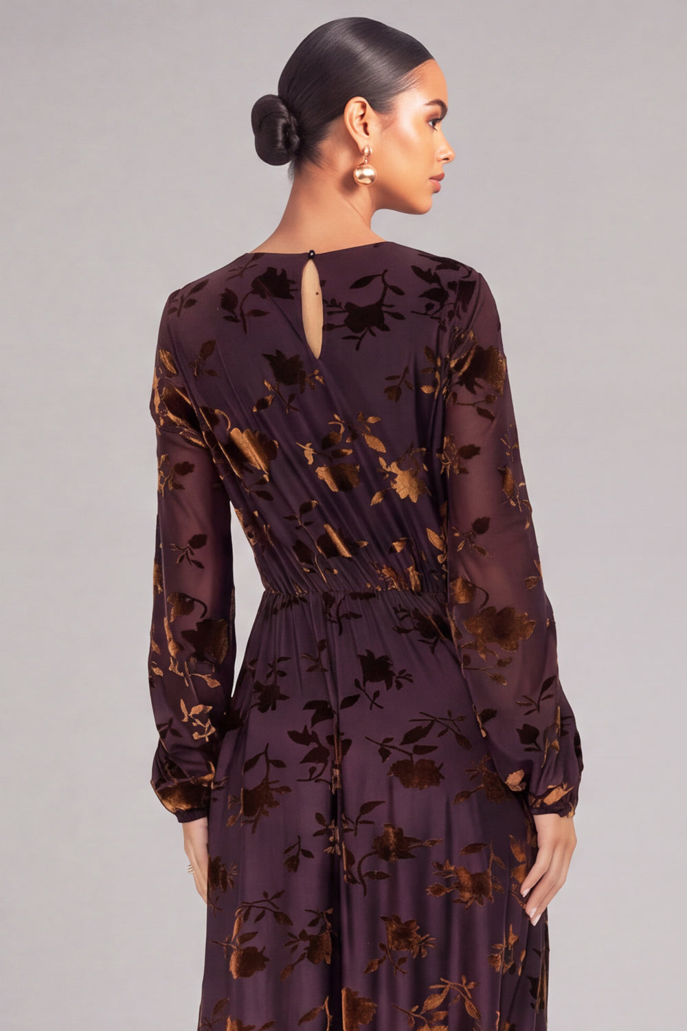 Brown A-Line Round Neck Floral Long Formal Dress with Sleeves