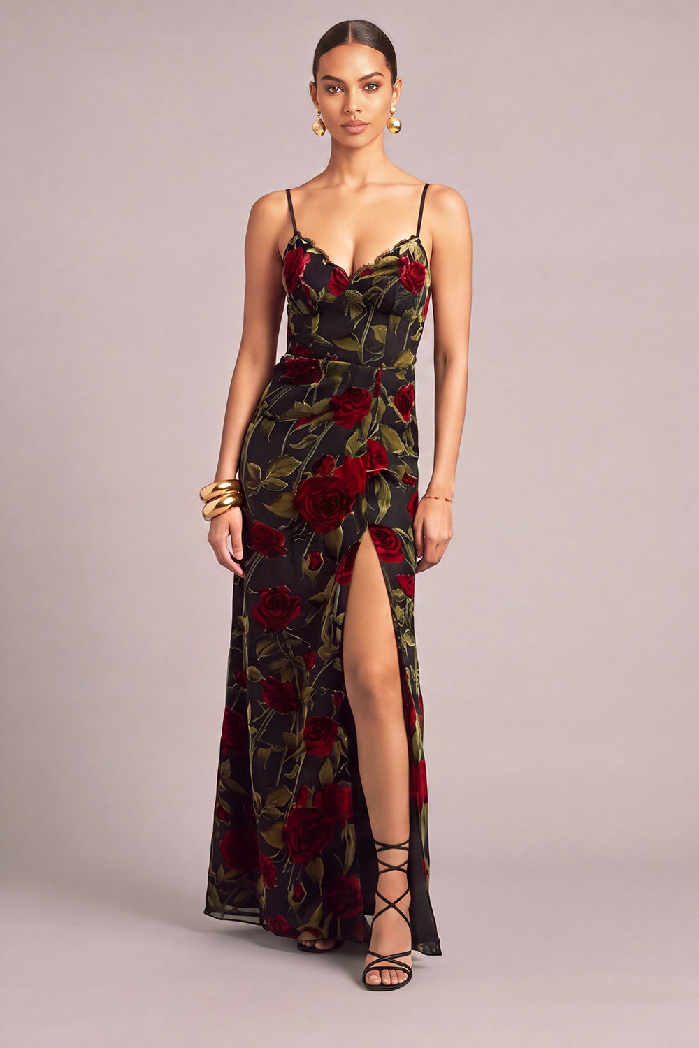 Leely Women Black Long Floral Wedding Guest Dress Mermaid Spaghetti Straps Formal Dress with Slit