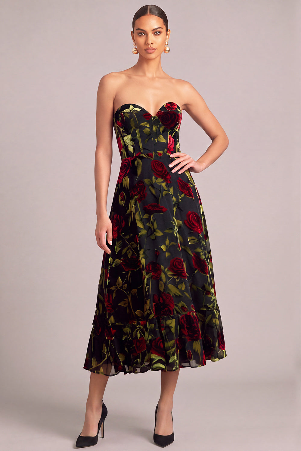 Leely Women Black Midi Floral Wedding Guest Dress A-Line Corset Strapless Formal Dress