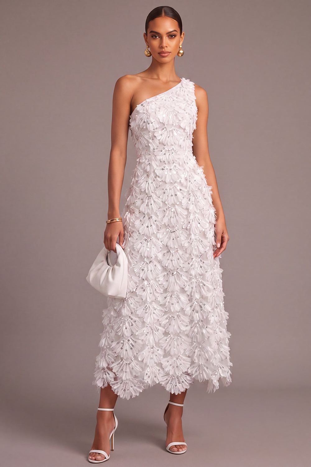 White A Line Sparkly One Shoulder Floral Long Engagement Dress