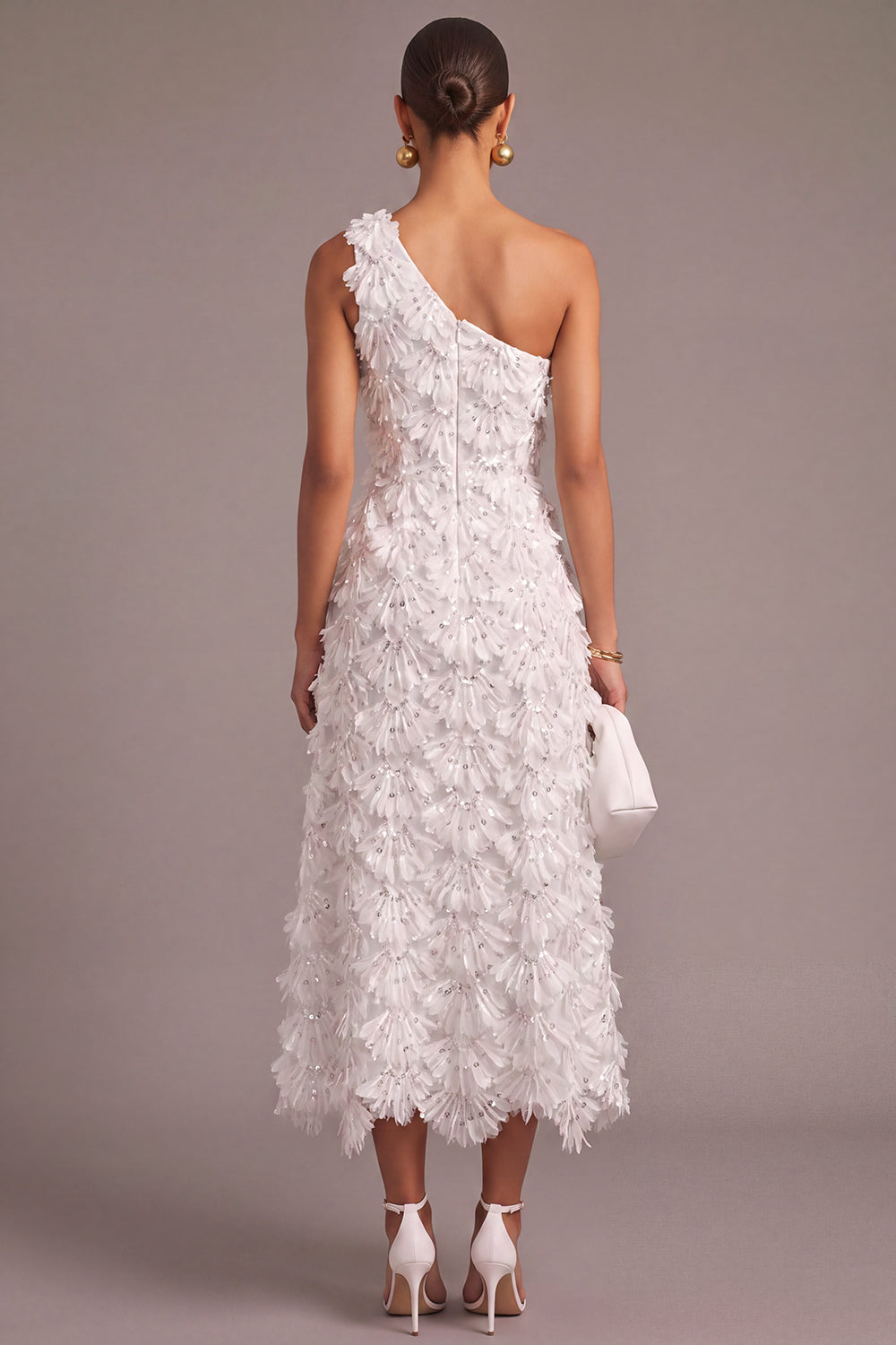 White A Line Sparkly One Shoulder Floral Long Engagement Dress
