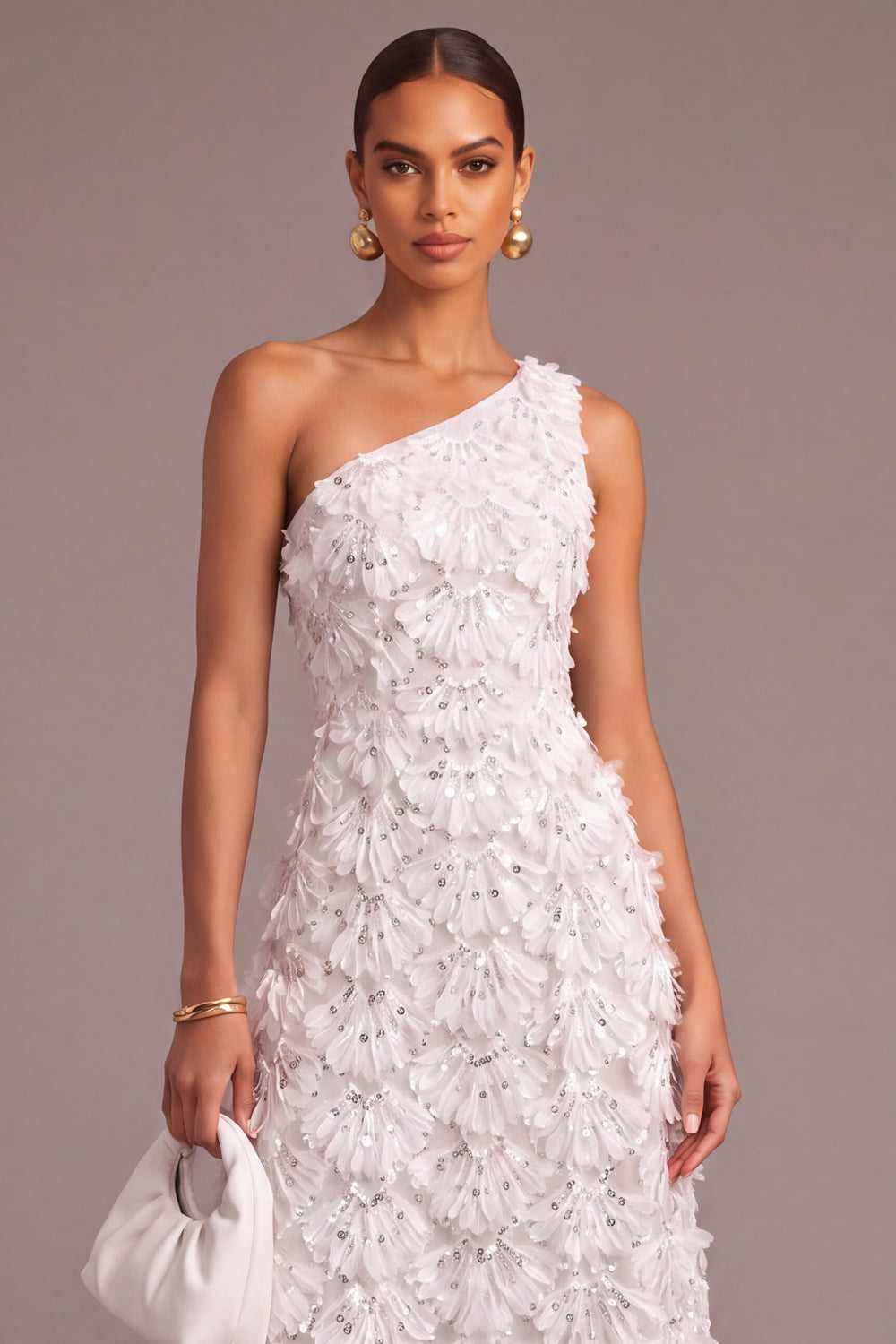 White A Line Sparkly One Shoulder Floral Long Engagement Dress