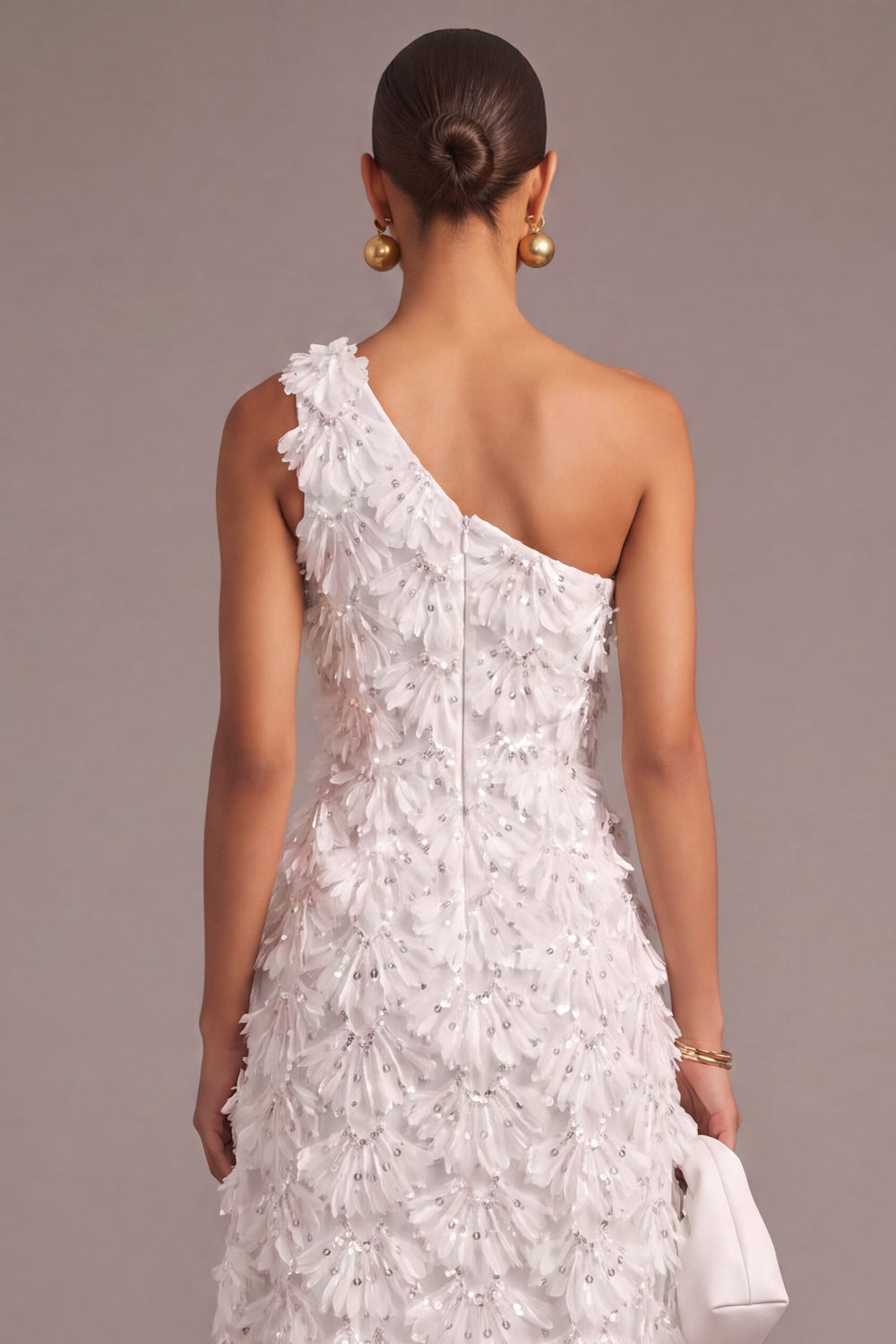 White A Line Sparkly One Shoulder Floral Long Engagement Dress