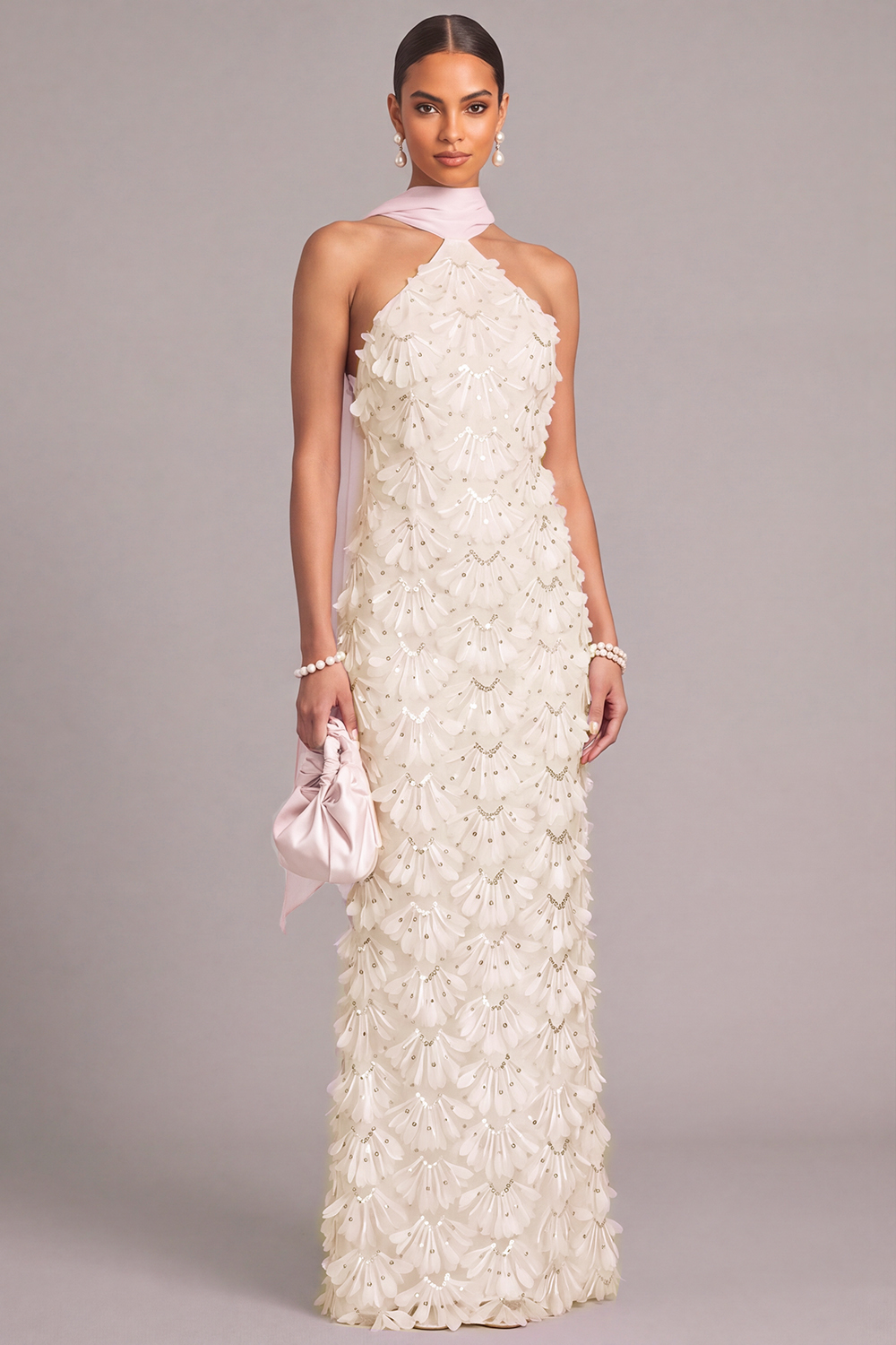 Leely Women Sparkly White Halter Beach Maxi Long Wedding Dress Sheath Floral Sequin Engagement Dress