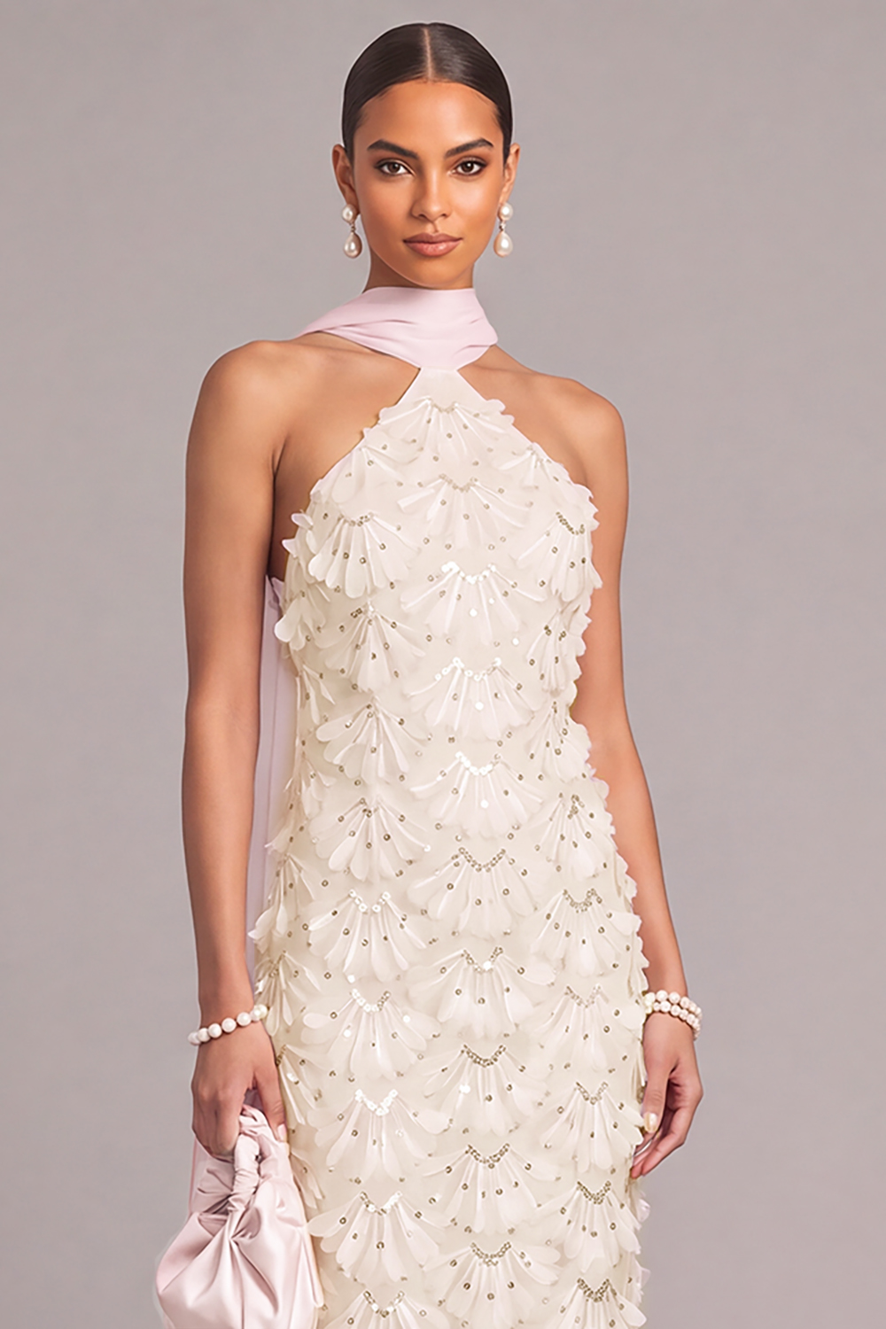 Sparkly White Floral Sheath Halter Beach Long Wedding Dress