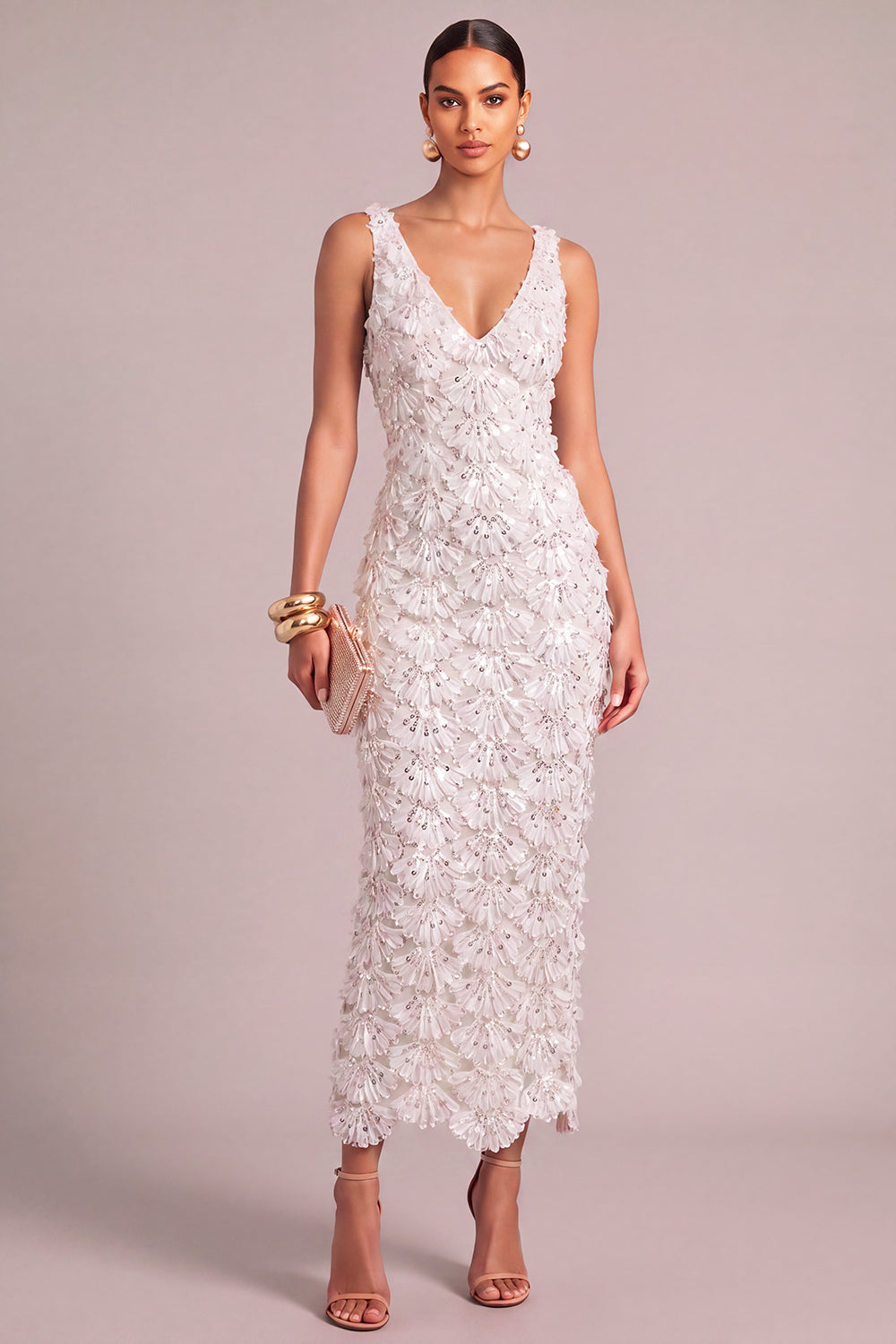 Sparkly White Sheath V-Neck Floral Long Engagement Dress
