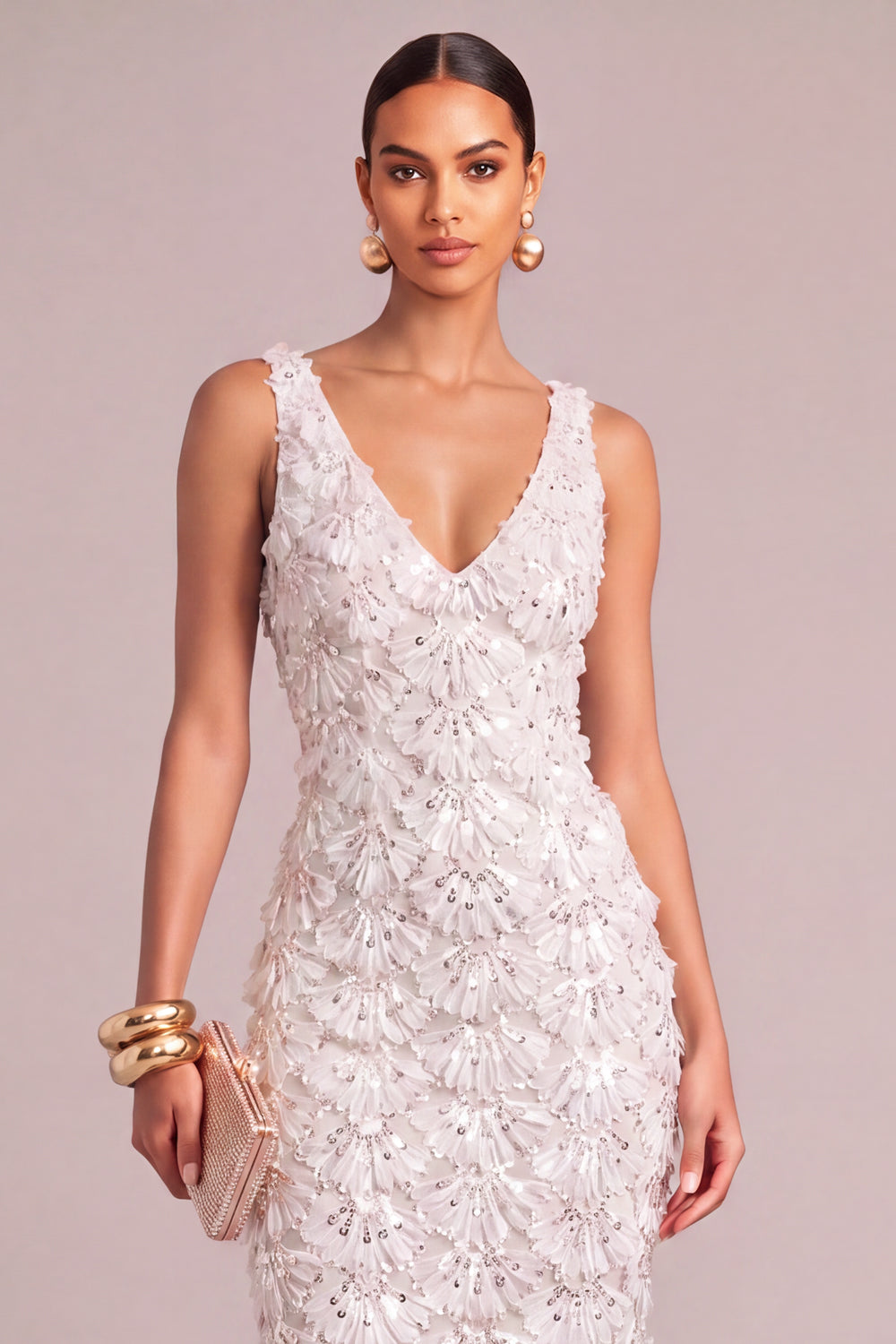 Sparkly White Sheath V-Neck Floral Long Engagement Dress