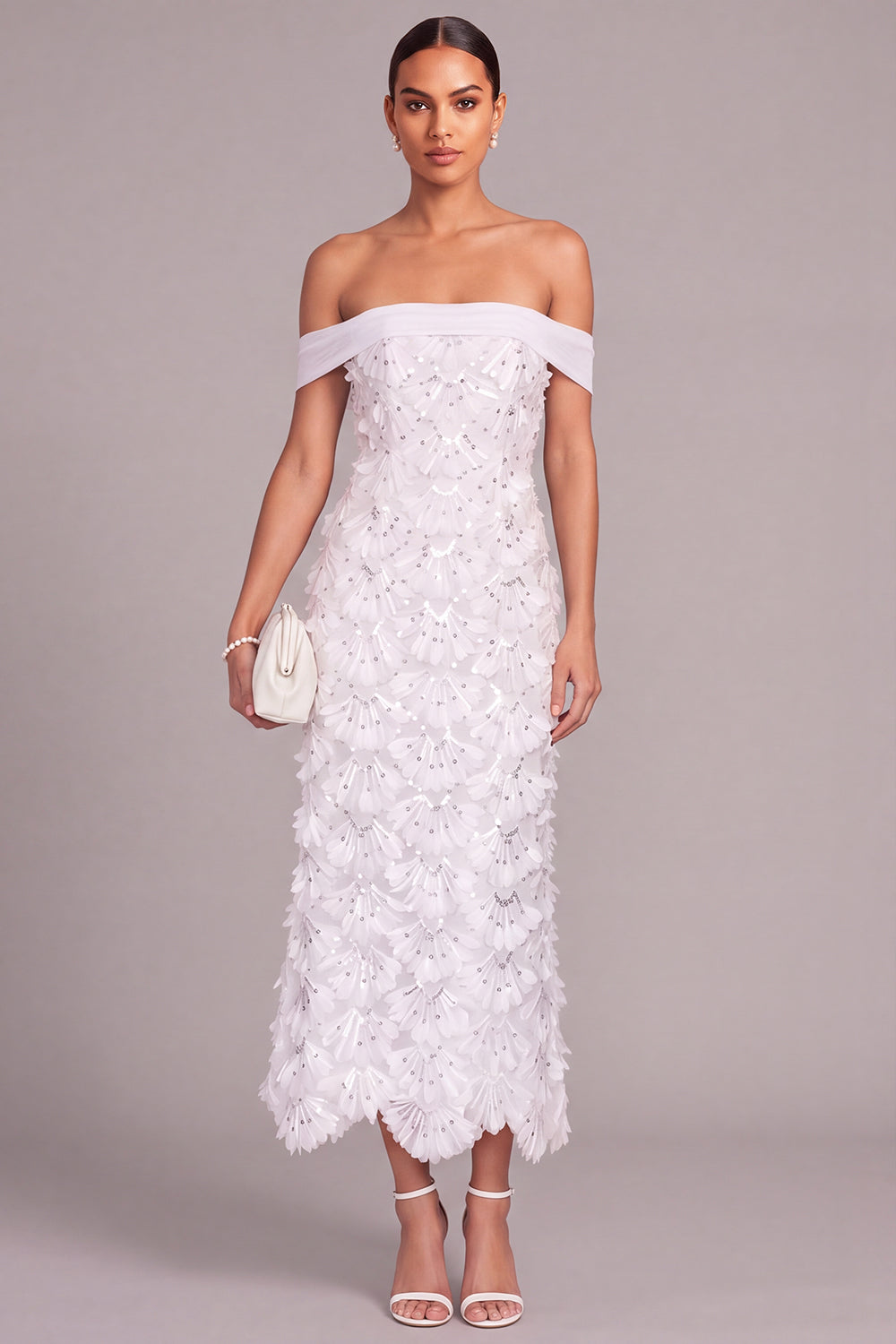 White A Line Off the Shoulder Floral Long Engagement Dress