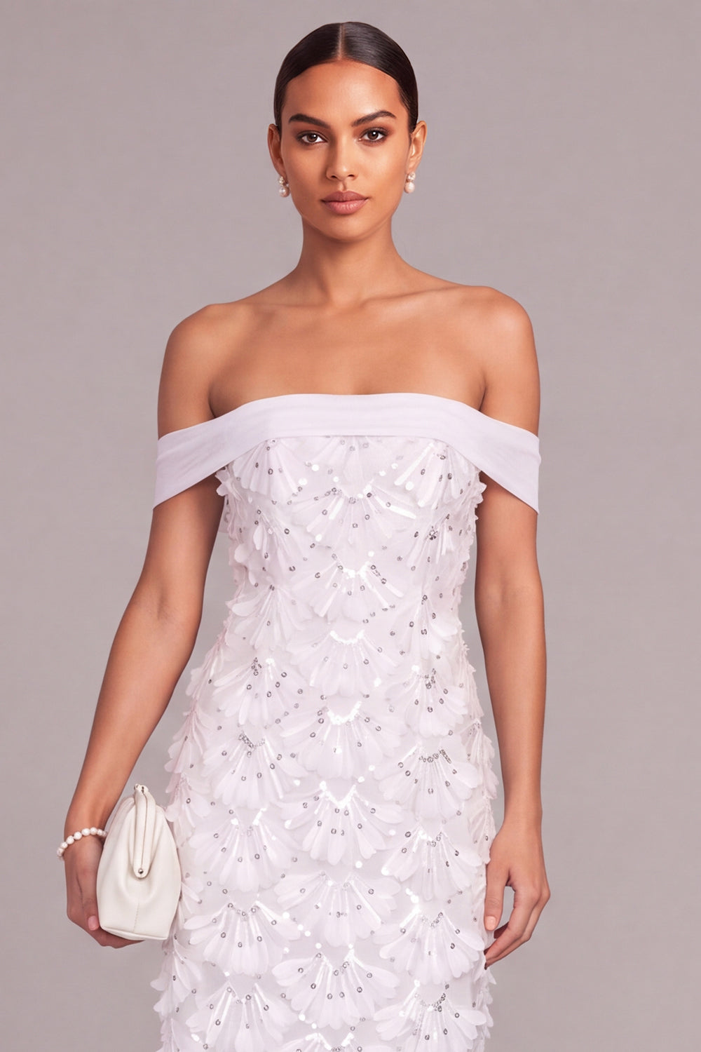 White A Line Off the Shoulder Floral Long Engagement Dress