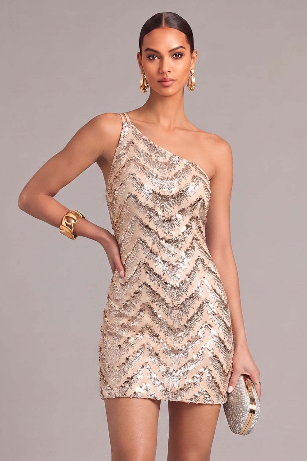 Leely Women Golden Sparkly Sequins Short Homevoming Dress One Shoulder Bodycon Cocktail Dress