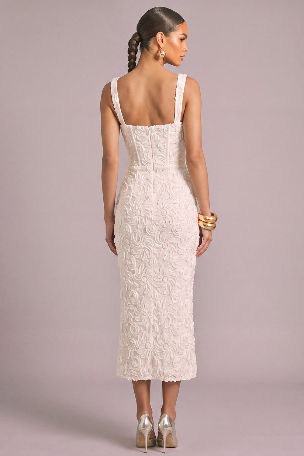 White Jacquard Thick Straps Sheath Midi Engagement Dress with Slit