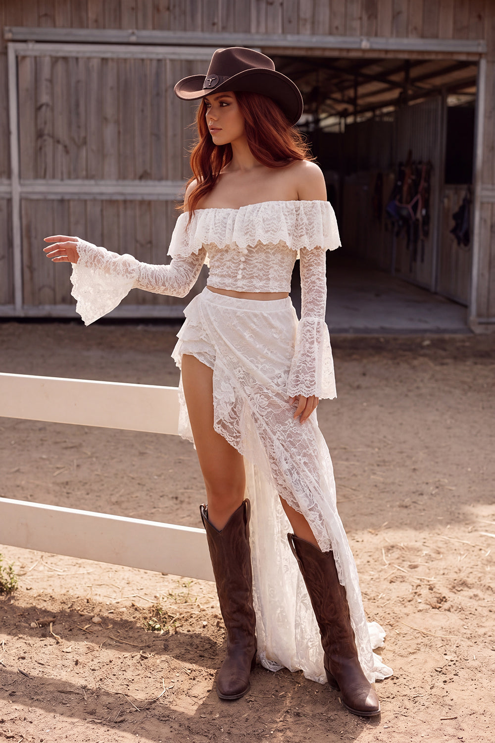 White 2 Piece Off the Shoulder Ruffled Asymmetrical Western Wedding Dress