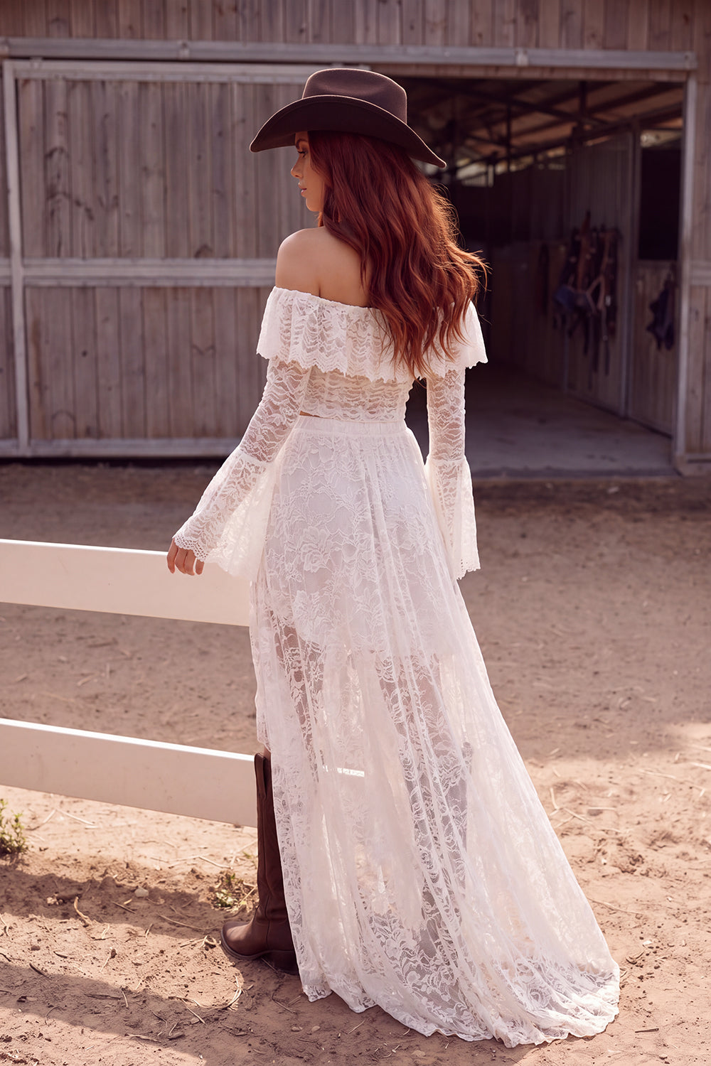 White 2 Piece Off the Shoulder Ruffled Asymmetrical Western Wedding Dress