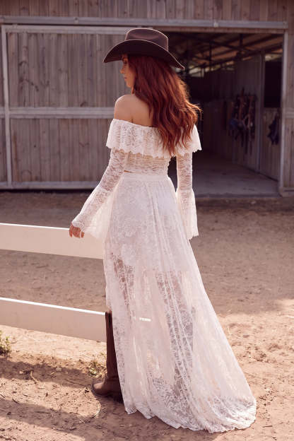 White 2 Piece Off the Shoulder Ruffled Asymmetrical Western Wedding Dress