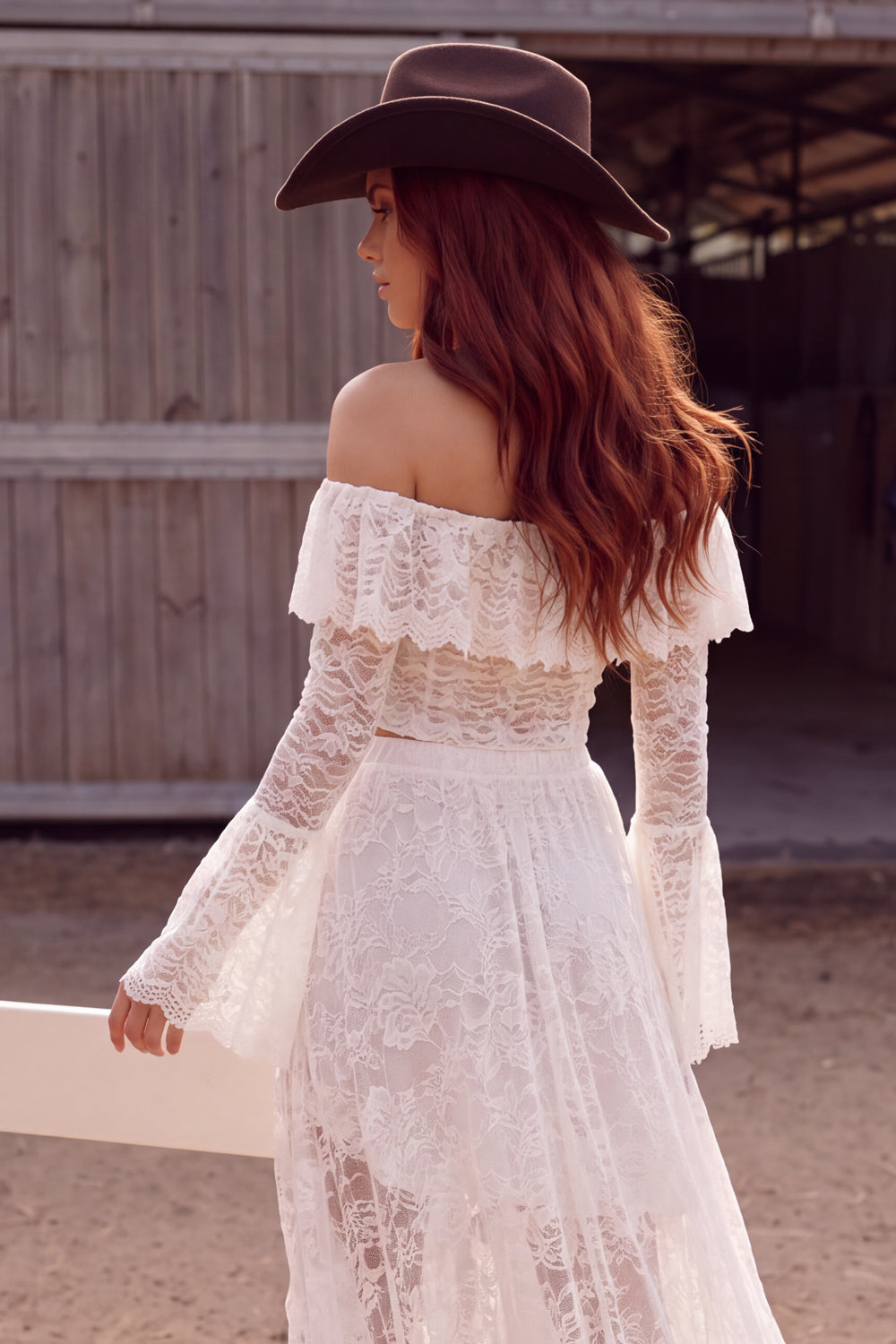 White 2 Piece Off the Shoulder Ruffled Asymmetrical Western Wedding Dress