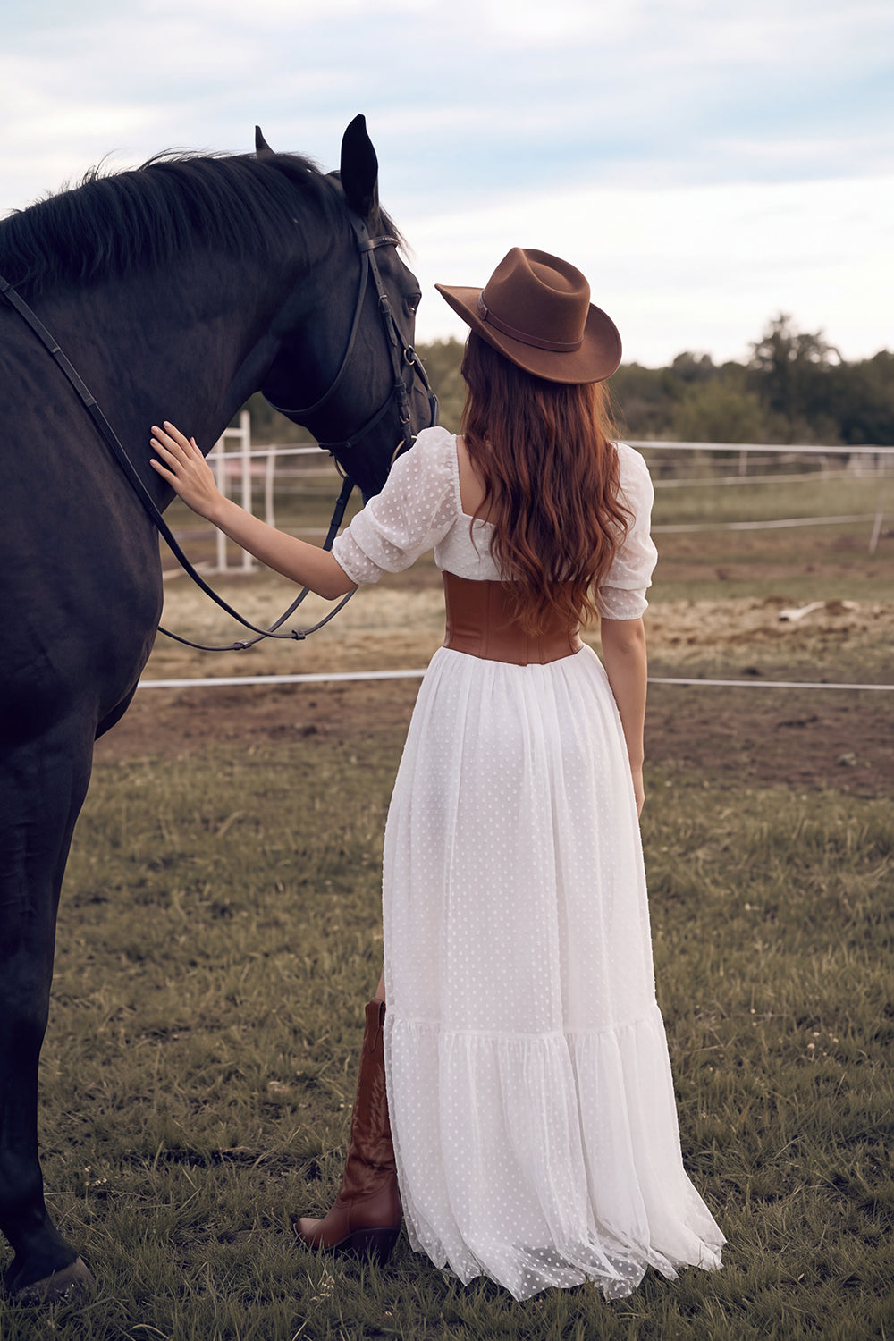 White Corset Square Neck Puff Sleeves Floor Length Western Wedding Dress with Slit