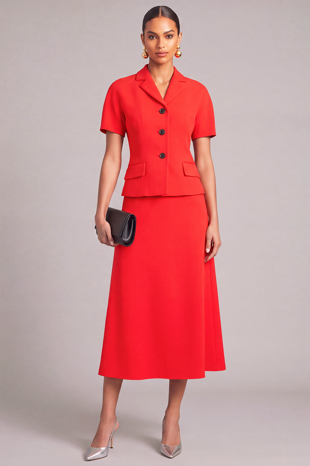 Leely Women Red Notched Lapel Midi Business suits 2 Piece A-Line Single Breasted Dress Suits with Sleeves