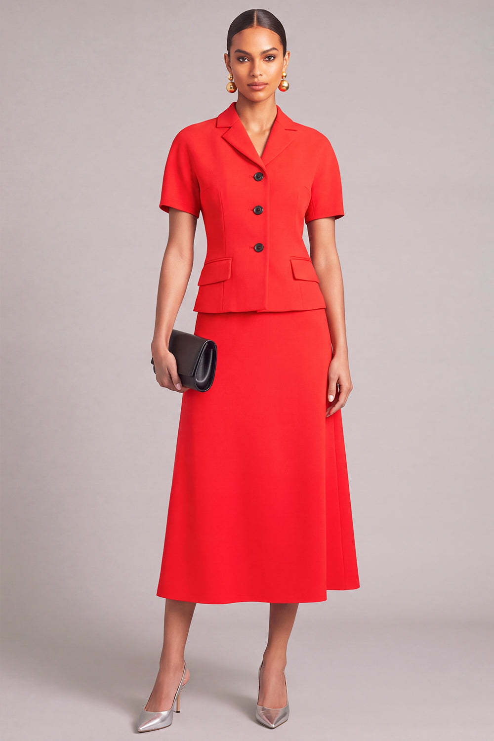 Leely Women Red Notched Lapel Midi Business suits 2 Piece A-Line Single Breasted Dress Suits with Sleeves